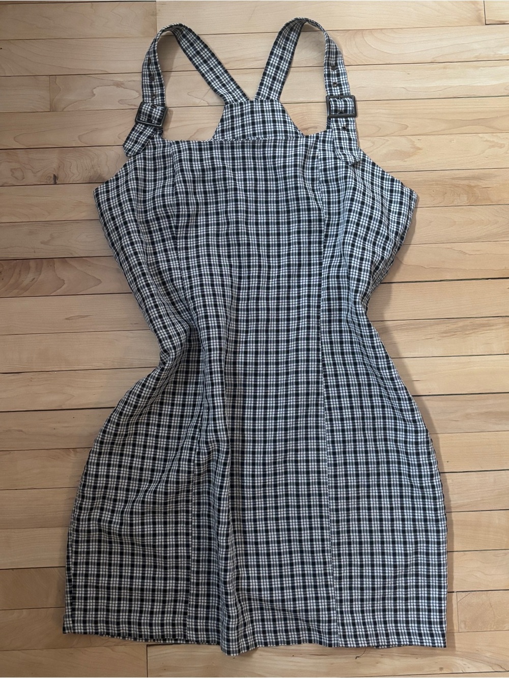 Vintage Black & White Plaid Mini Pinafore Overall Dress